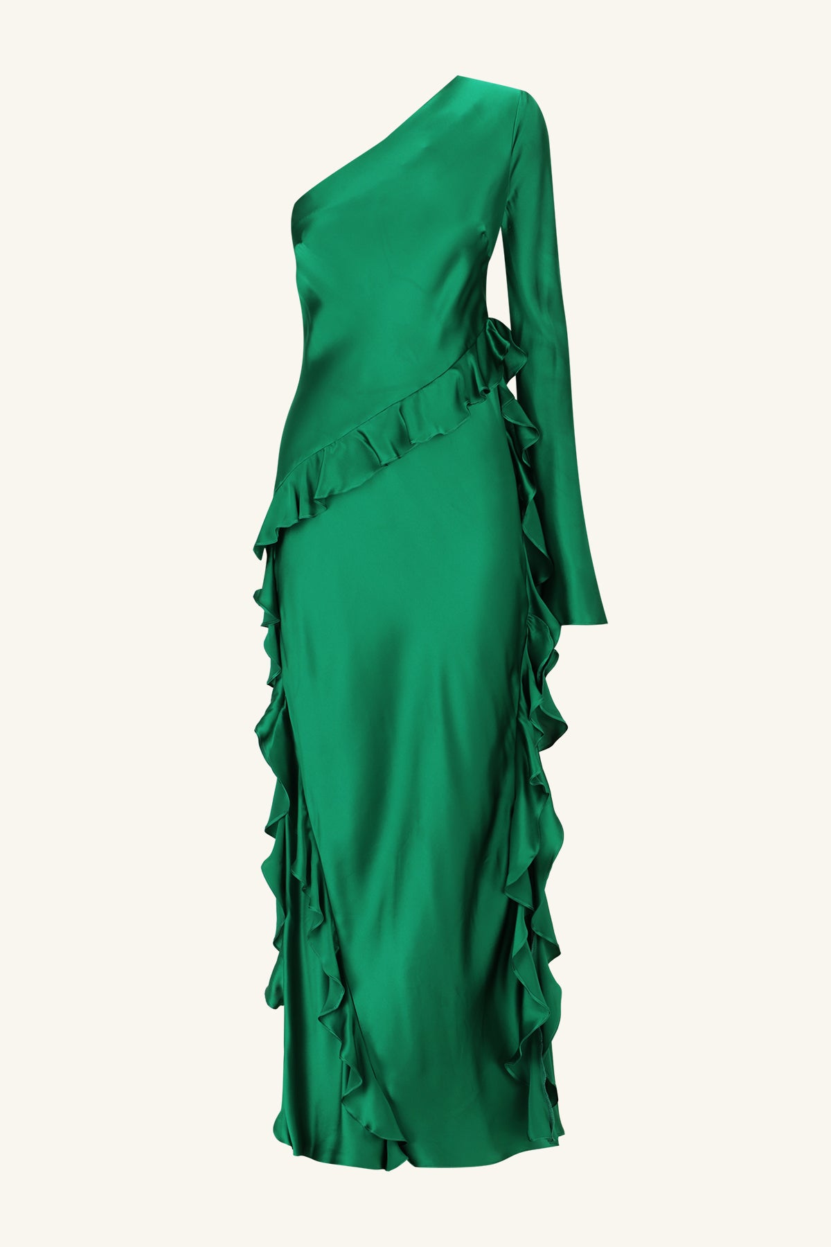 Emerald green one shoulder satin ruched maxi dress hotsell