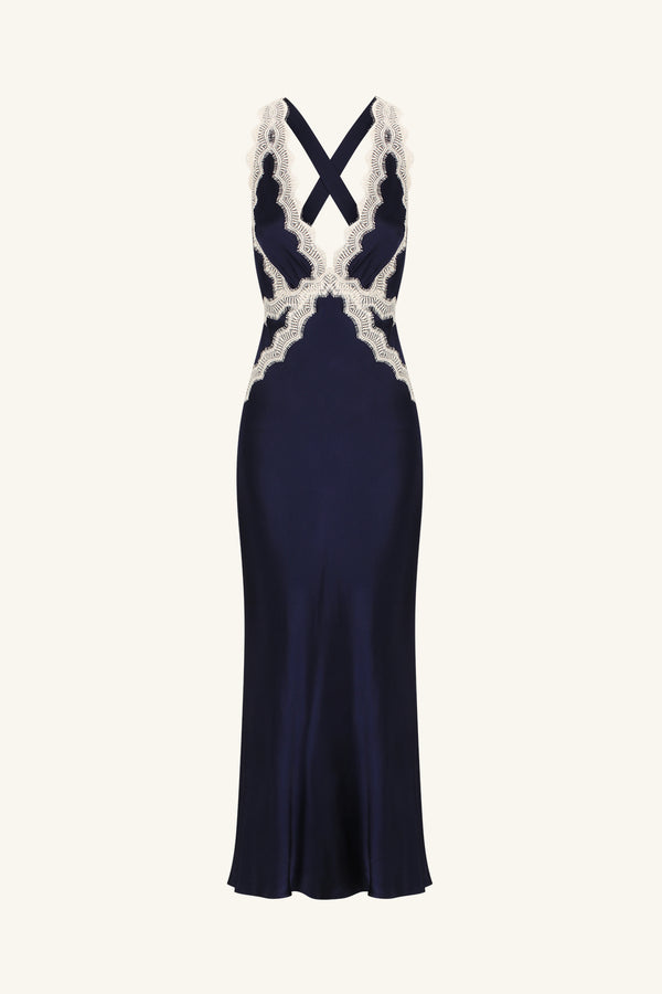 CAMILLE LACE CROSS BACK MIDI DRESS - DEEP MIDNIGHT/IVORY_G