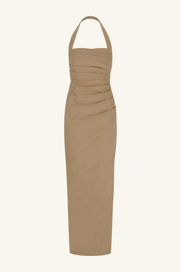 LANI DRAPED HALTER MAXI DRESS - PEBBLE_G