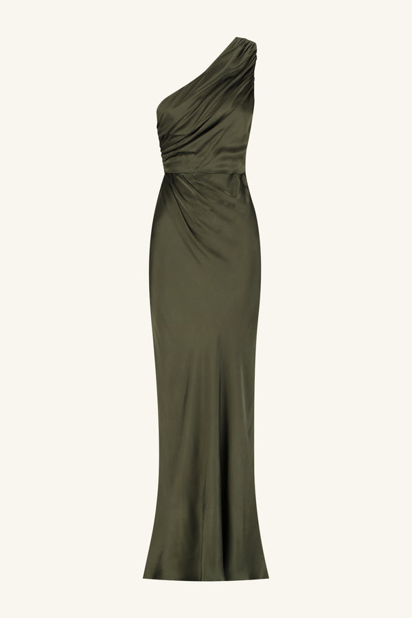 LA LUNE GATHERED ONE SHOULDER MAXI DRESS - FOREST_G
