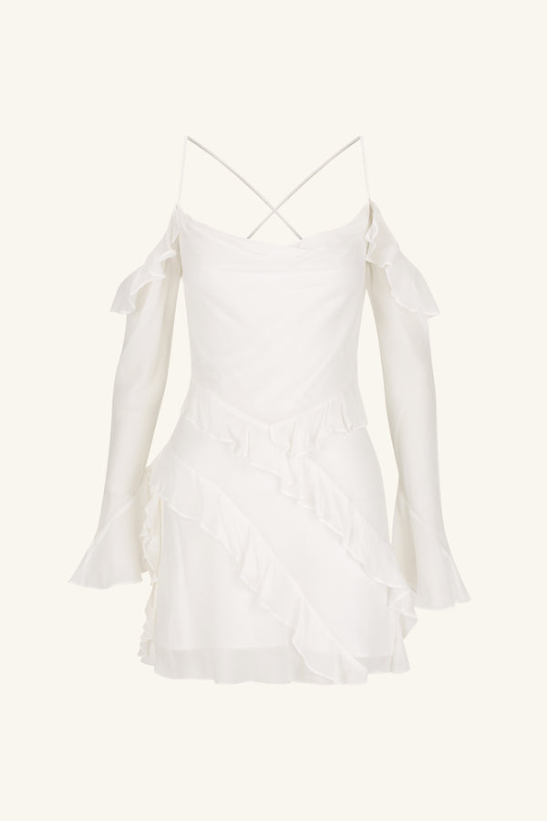 LIRA LONG SLEEVE RUFFLE MINI DRESS - IVORY_G