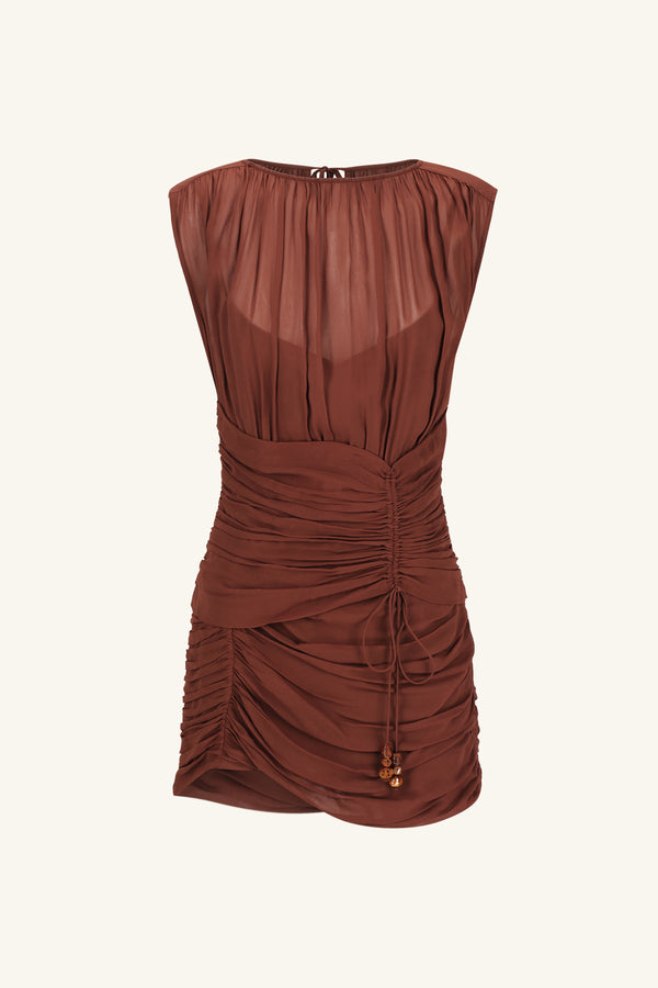 BLAIR PANELLED GATHERED MINI DRESS - COCOA_G