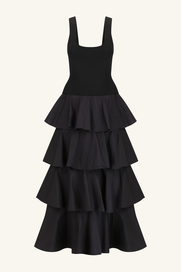 ALIAH SCOOP NECK TIERED MAXI DRESS - BLACK_G