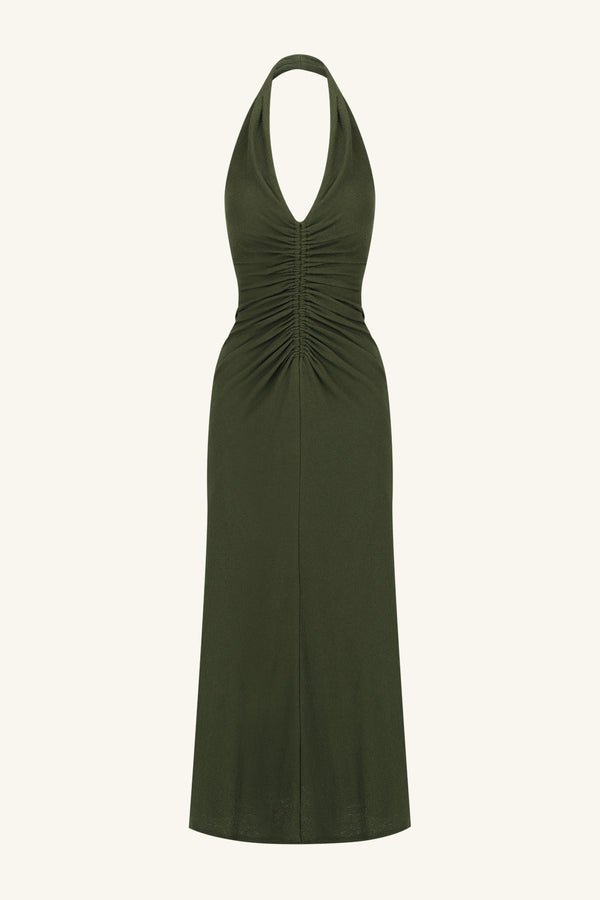 BEAU HALTER RUCHED MIDI DRESS - ARMY GREEN_G