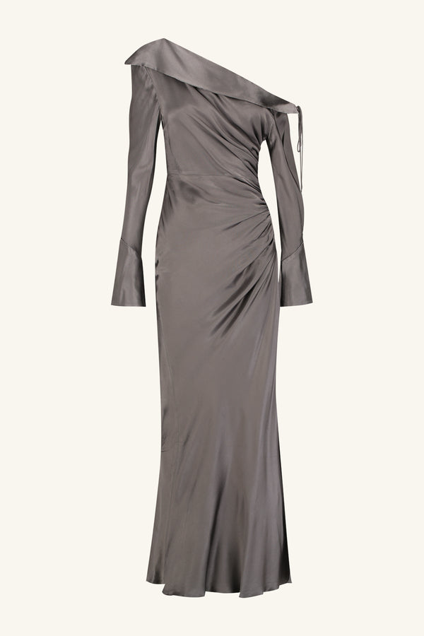 LA LUNE LONG SLEEVE GATHERED MAXI DRESS - GRAPHITE_G