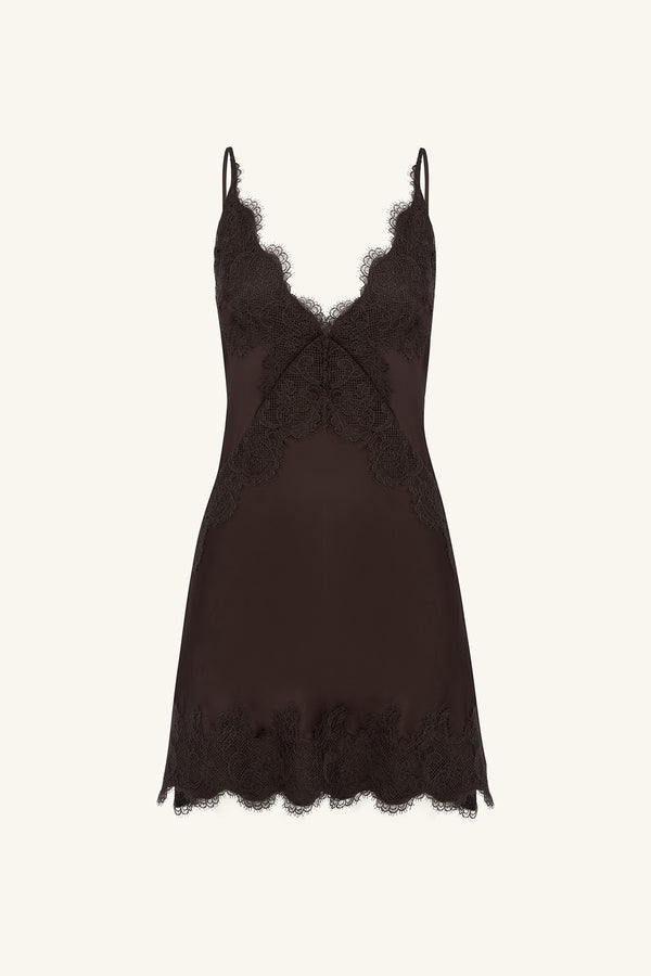SIMONA LACE SLIP MINI DRESS - ESPRESSO_G
