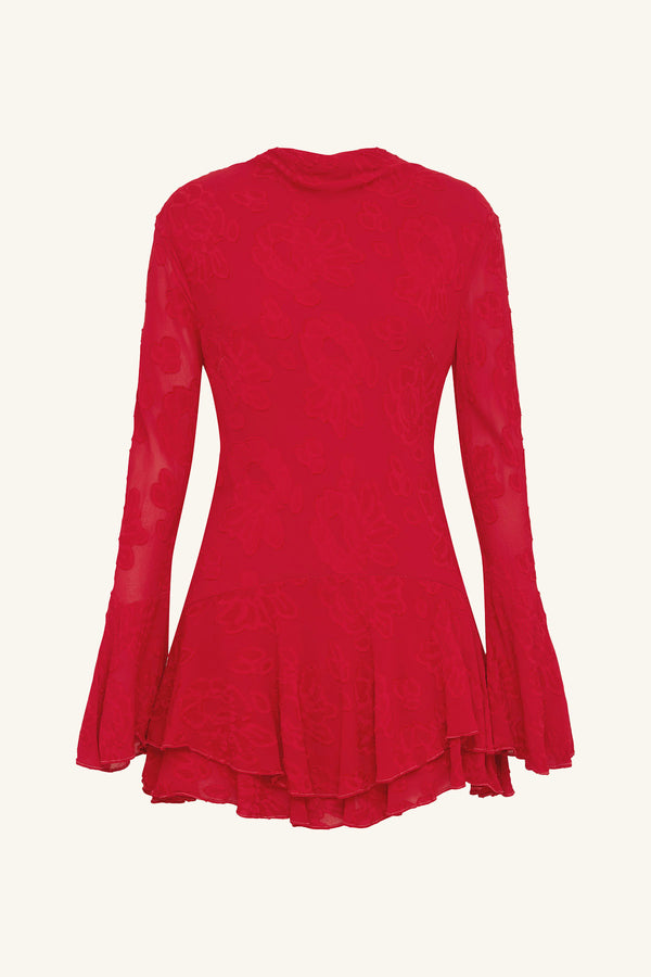 BOWERY LONG SLEEVE RUFFLE MINI DRESS - CHERRY_G