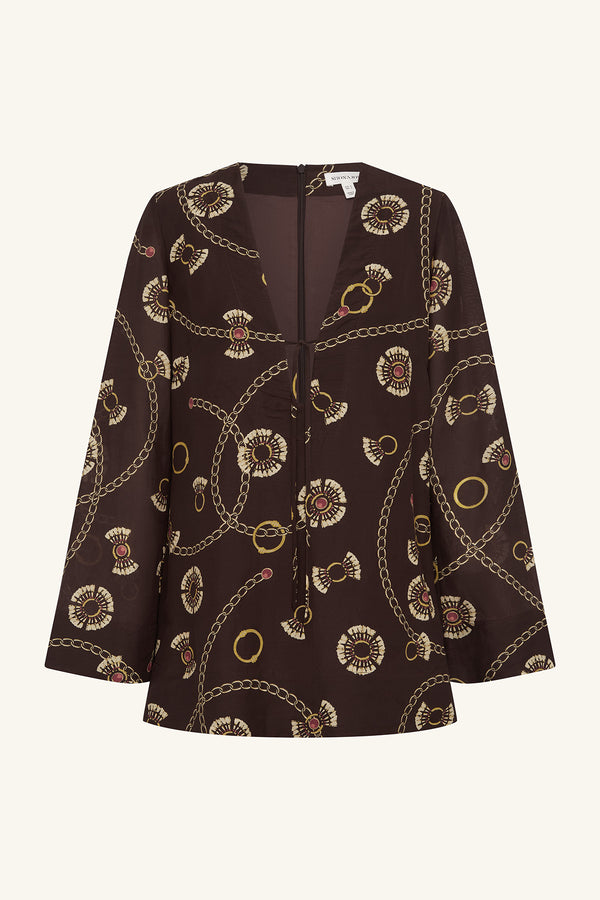 VACANZA PLUNGED LONG SLEEVE MINI DRESS - MEDALLION STAMP_G