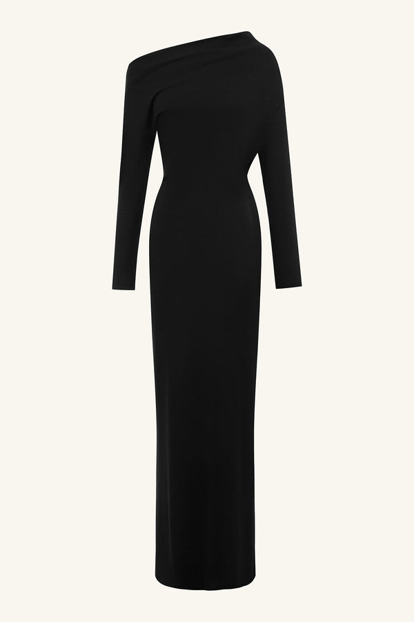 ABY DRAPED ASYMMETRICAL LONG SLEEVE MAXI DRESS - BLACK_G