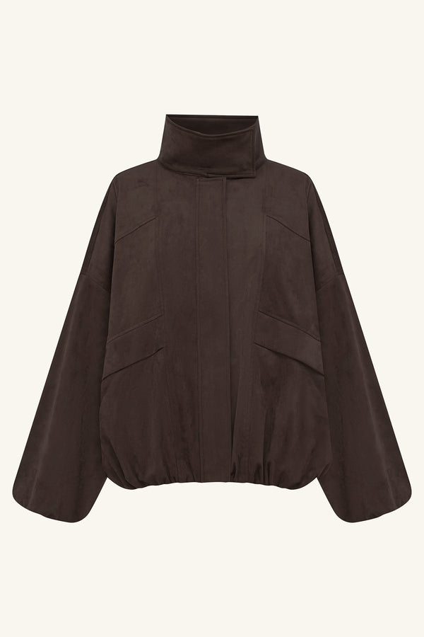 ERNEST FUNNEL NECK FAUX SUEDE BOMBER JACKET - CACAO_G