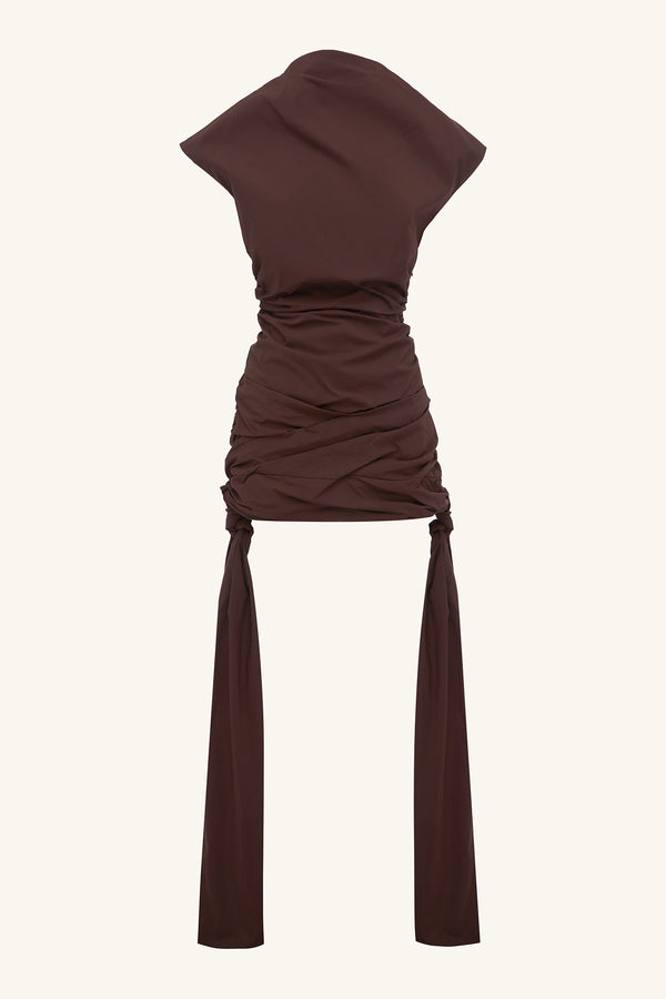 CAMPBELL DRAPED TIE MINI DRESS - RISTRETTO_G