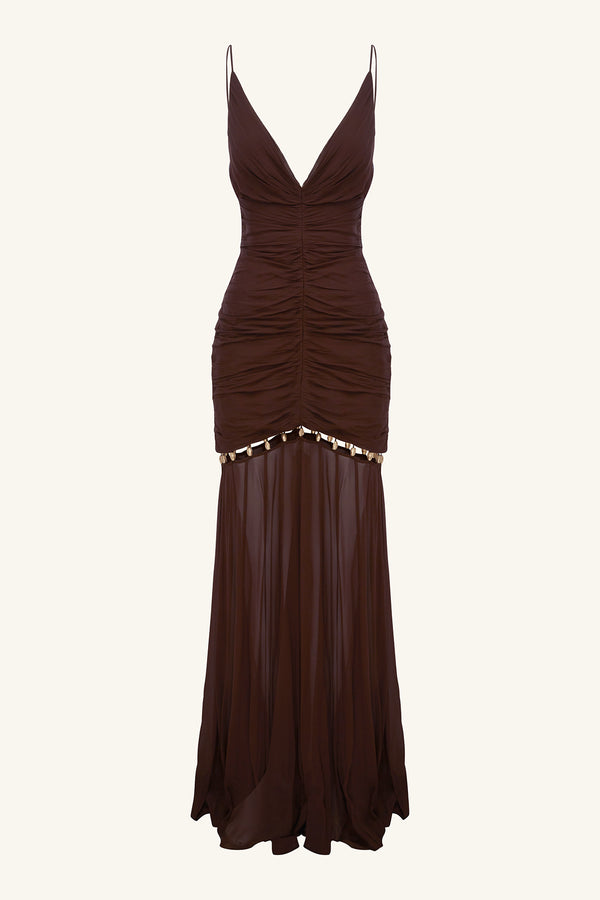 EMILIE GATHERED MAXI DRESS WITH BEADS - RISTRETTO_G
