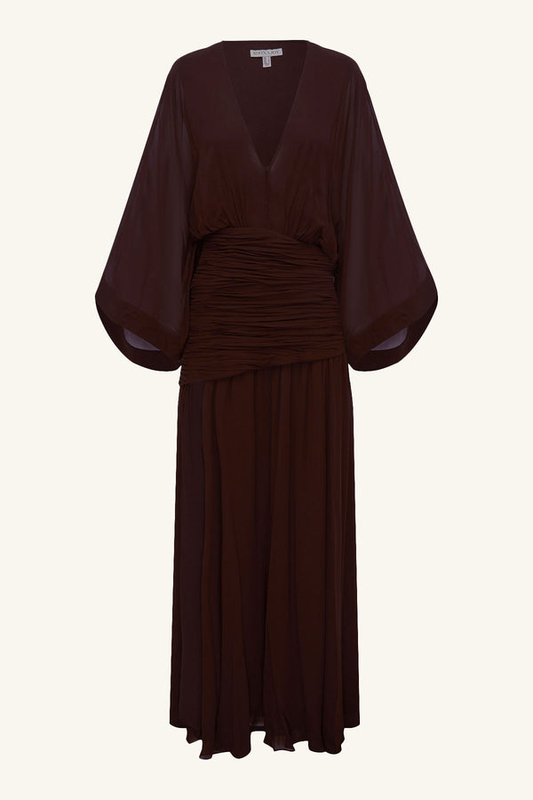 AMINA FLARED SLEEVE PLUNGED MAXI DRESS - RISTRETTO_G