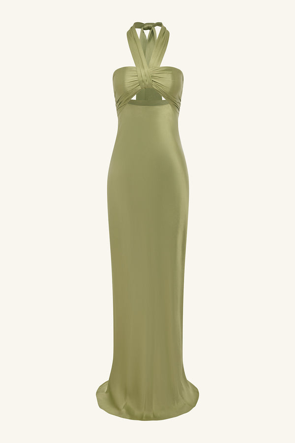LA LUNE RUCHED HALTER MAXI DRESS - FERN_G