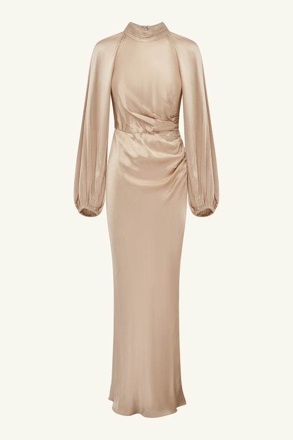 LA LUNE HIGH NECK BALLOON SLEEVE MAXI DRESS - GOLD_G