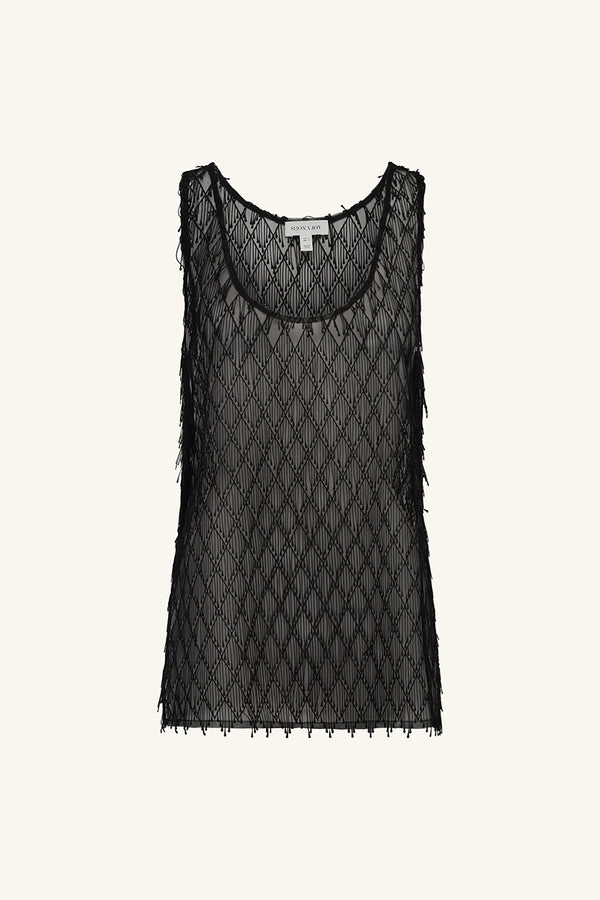 TALITHA SHEER FRINGE SCOOP NECK TOP - LIQUORICE_G