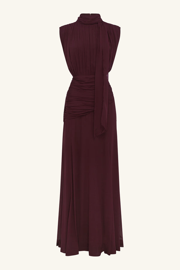 AMINA SCARF NECK MAXI DRESS - WINE TASTING_G