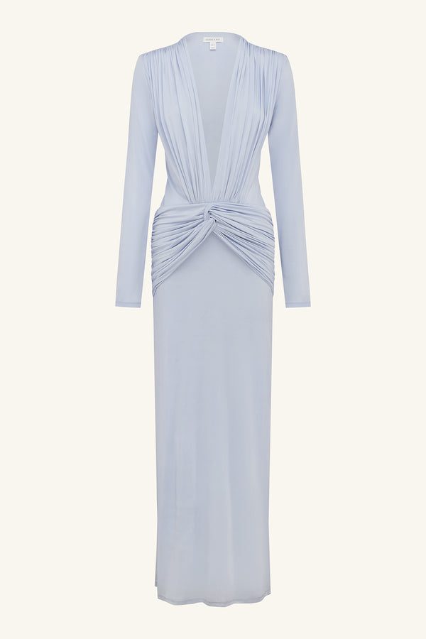 MIRO SLINKY JERSEY LONG SLEEVE PLUNGED MAXI DRESS - SKY_G