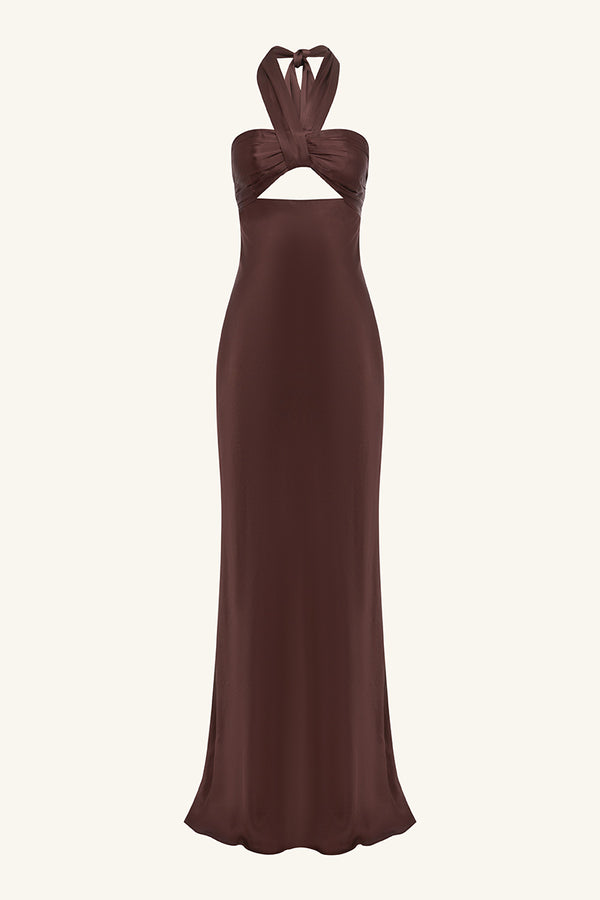 LA LUNE RUCHED HALTER MAXI DRESS - ESPRESSO_G