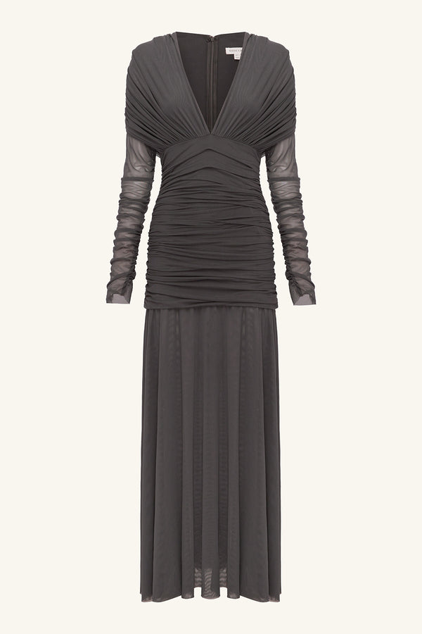 MIRA MESH PLUNGED GATHERED MAXI DRESS - SHADOW_G