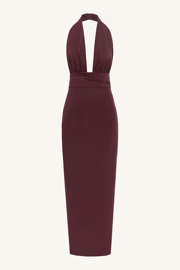 CAMPBELL HALTER PLUNGED MAXI DRESS - WINE TASTING_G