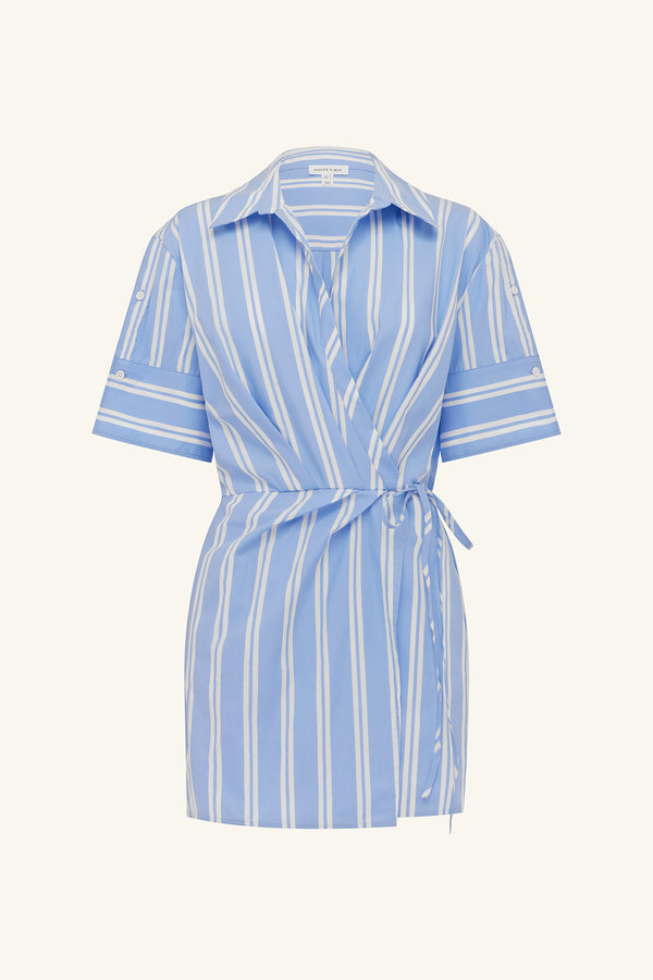 OMRI DRAPED SHIRT MINI DRESS - BLUE STRIPE_G