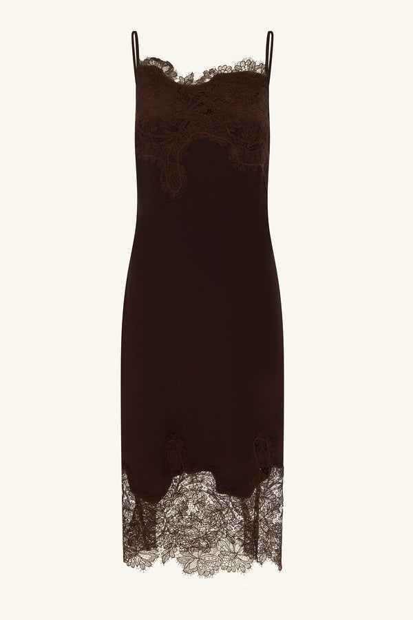LUCIA LACE SLIP MIDI DRESS - ESPRESSO_G