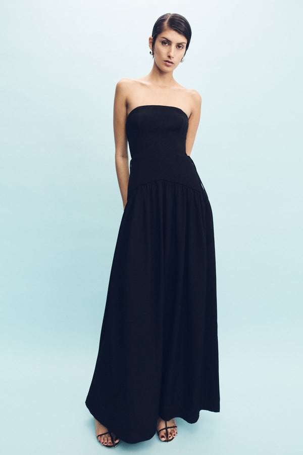 VENTO LACE UP STRAPLESS MAXI DRESS - BLACK_C