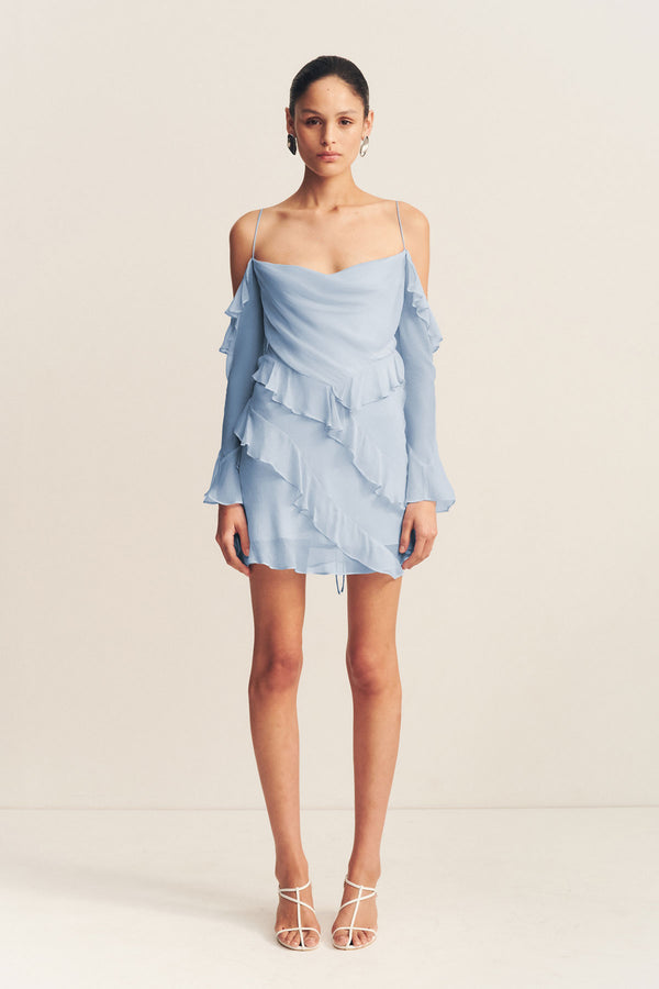 LAYLA LONG SLEEVE RUFFLE MINI DRESS - SKY_F