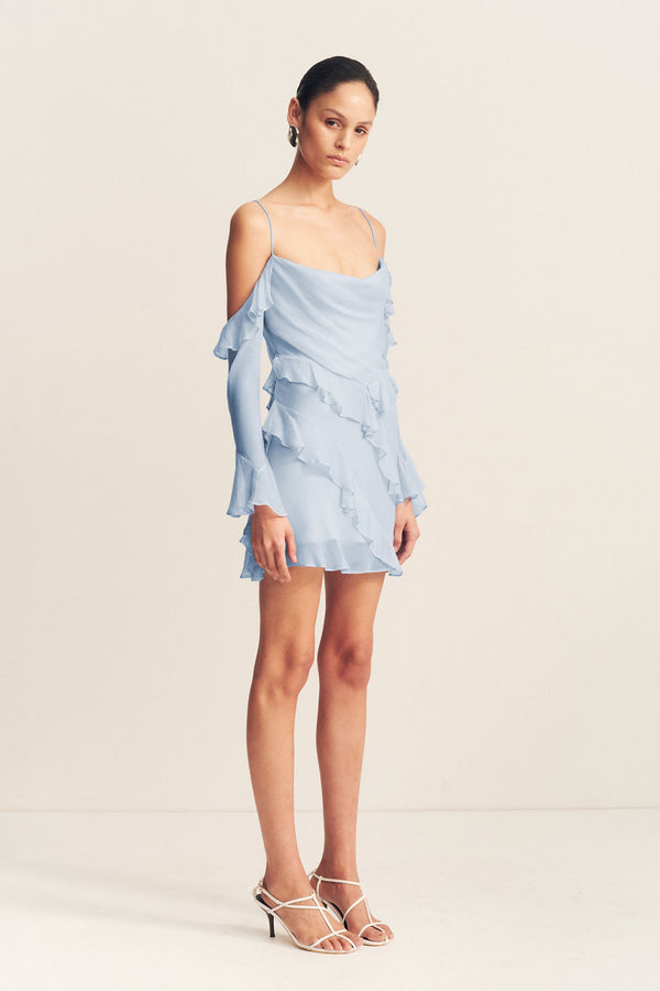 LAYLA LONG SLEEVE RUFFLE MINI DRESS - SKY_A