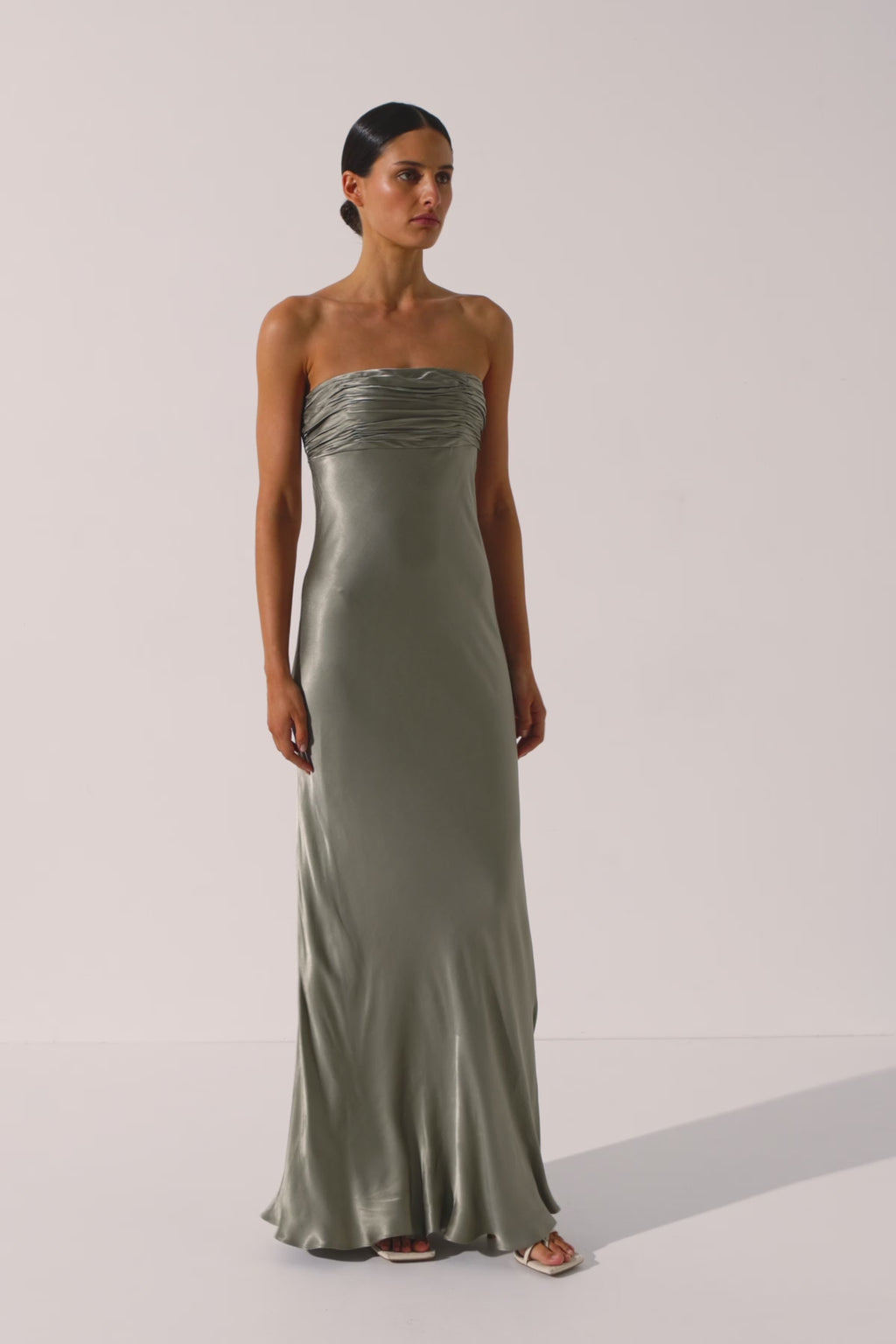 La Lune Strapless Ruched Bodice Maxi Dress | Sage | Dresses