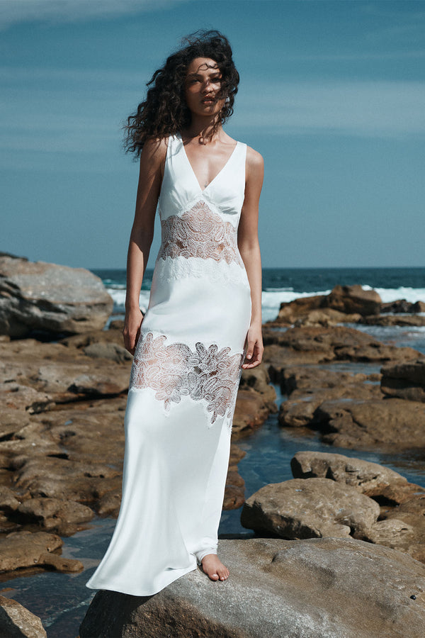 STRATUS PLUNGED LACE PANELLED MAXI DRESS - IVORY